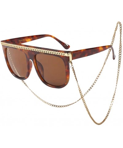 Goggle Women Sunglasses Fashion Shades Oversize Eyewear UV400 with Metal Chain - Leopard Frame/Brown Lens - CQ18OWCRWY7 $28.19