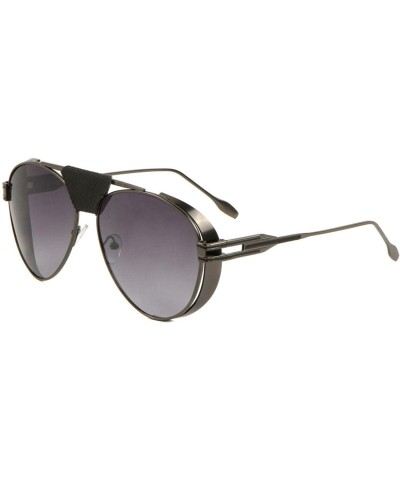 Aviator Luxury Aviator Sunglasses w/Faux Leather Bridge & Metallic Side Shields - Gunmetal & Black Leather Frame - CM18X5G4S9...