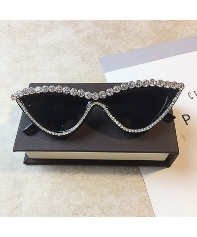 Cat Eye Vintage Cat Eye Diamond Crystal Sunglasses for Women Oversized Plastic Frame - Black - C9197H07A43 $18.62