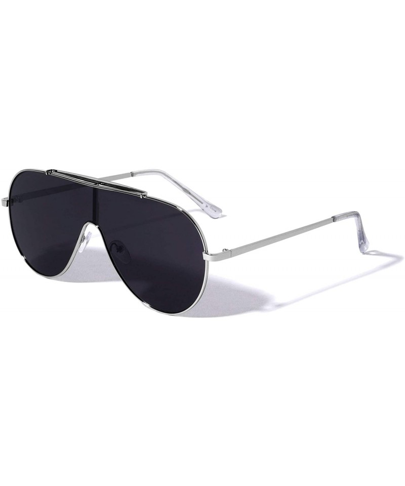 Shield Flat Top Round Shield One Piece Aviator Sunglasses - Black Silver - CC196KR0GO8 $30.24
