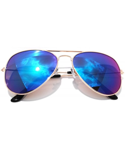 Aviator Classic Aviator Full Mirror Lens Sunglasses Metal Frame Gold Color Men Women - Blue - CK11ME3DZPZ $12.06