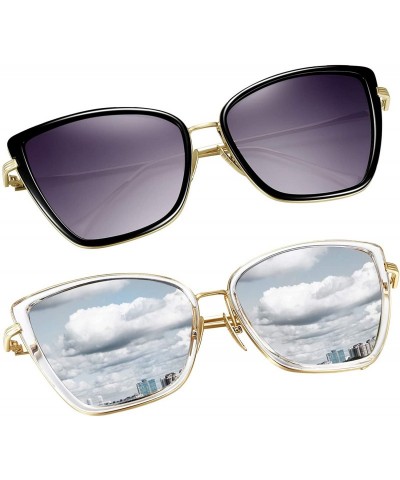 Oversized Oversized Cateye Sunglasses for Women - Fashion Metal Frame Cat Eye Womens Sunglasses - 2 Pack (Black+silver) - C81...