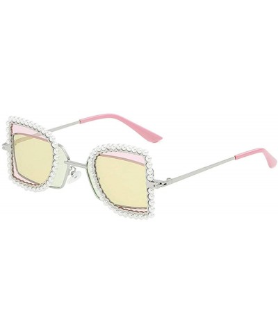 Square Brand Designer Pearl Folding Metal Square Sunglasses Women Unique Clear Pink Flip Punk Shades - Green&pink - CY18OTUZ4...