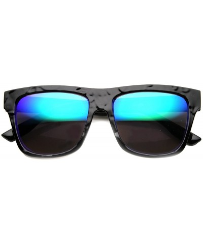 Rectangular Classic Rectangular Flat Top Wrinkle Textured Flash Mirror Horn Rimmed Sunglasses 54mm - Shiny-black / Midnight -...
