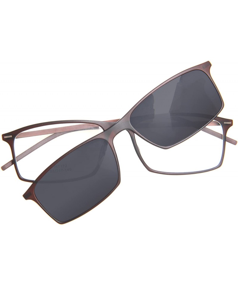 Rectangular Vintage Clear Lens Glasses With Fashion Polarized Sunglasses Clip L8172 - Brown Frame - CO12NZ49HL8 $12.48