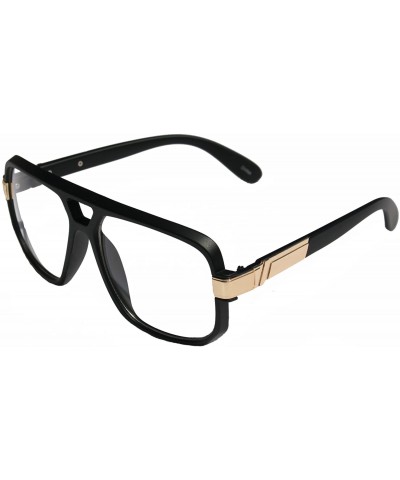 Oversized Classic Square Frame Plastic Flat Top Aviator Glasses/w Metal Trimming and Clear Lens - Matte Black Gold - C4126FQ6...
