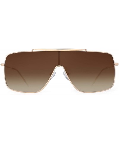 Square One Piece Shield Sunglasses for Women Metal Frame Gradient Lens - Gold Frame / Gradient Brown Lens - C2192S6X5DO $14.15