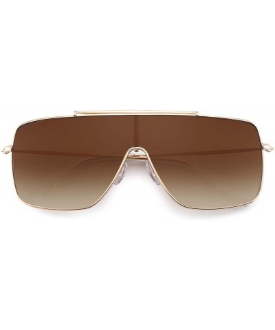 Square One Piece Shield Sunglasses for Women Metal Frame Gradient Lens - Gold Frame / Gradient Brown Lens - C2192S6X5DO $14.15