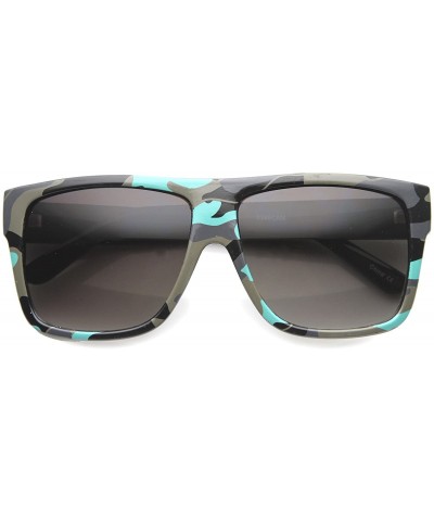 Square Bold Flat Top Camo Print Square Lens Horn Rimmed Sunglasses 58mm - Neon Blue Camouflage / Lavender - CU124YG91T3 $18.45