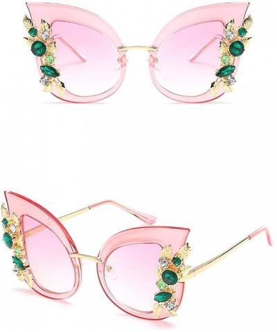 Round Green Crystal Gold Leaf Cateye Sunglasses - Pink Frame Pink Lens - CE18Q3T65Y2 $22.93