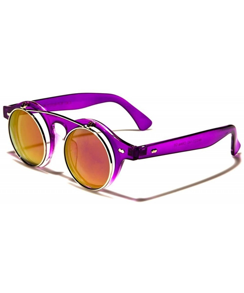 Round 70s Urban Steampunk Mirrored Lens Round Flip Up Sunglasses - Crystal Purple / Purple & Clear - CA18ECEUNCX $10.24