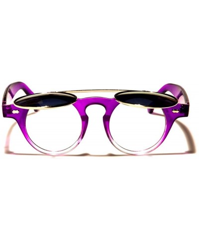 Round 70s Urban Steampunk Mirrored Lens Round Flip Up Sunglasses - Crystal Purple / Purple & Clear - CA18ECEUNCX $10.24
