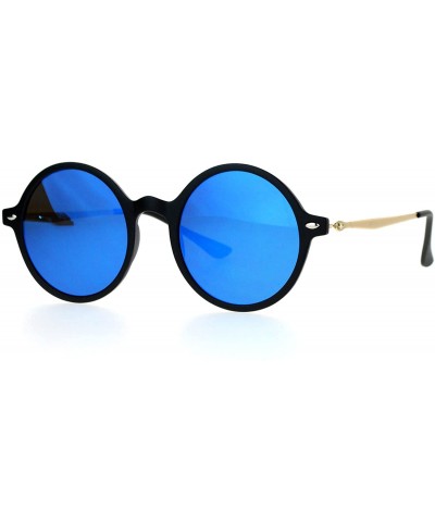 Round Unisex Fashion Sunglasses Round Circle Horn Rim Frame Flat Mirror Lens - Matte Black (Blue Mirror) - CP1882UNDAT $21.96