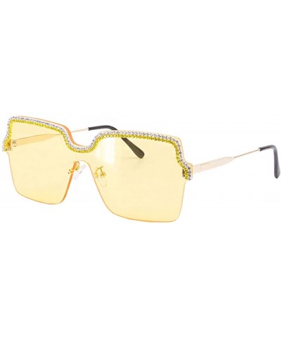 Semi-rimless Rhinestone Oversize Shield Visor Sunglasses Flat Top Mirrored Mono Lens - Yellow Lens/Green Diamond - CM19C94D3E...