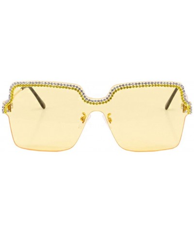 Semi-rimless Rhinestone Oversize Shield Visor Sunglasses Flat Top Mirrored Mono Lens - Yellow Lens/Green Diamond - CM19C94D3E...