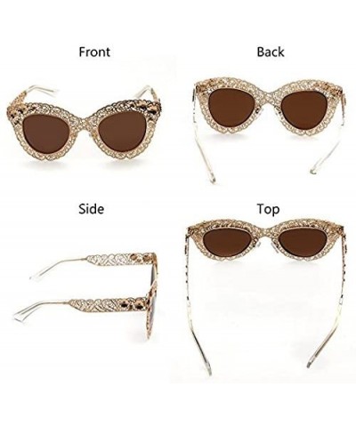 Round Women Pierced Sunglasses Carving Metal Flower Frame Fashion UV400 Mother's Day - Brown - CN18DUHIT44 $18.29