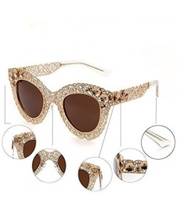 Round Women Pierced Sunglasses Carving Metal Flower Frame Fashion UV400 Mother's Day - Brown - CN18DUHIT44 $18.29