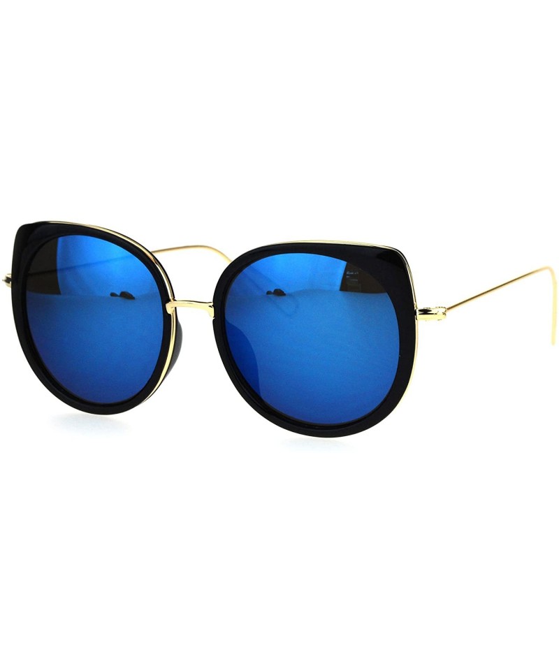 Round Womens Color Mirrored Lens Bat Shape Cat Eye Round Designer Funk Sunglasses - Black Blue - CV17X6R2AXH $13.23