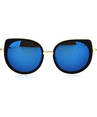 Round Womens Color Mirrored Lens Bat Shape Cat Eye Round Designer Funk Sunglasses - Black Blue - CV17X6R2AXH $13.23