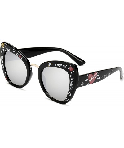Round Retro Vintage Cateye Sunglasses for Women Plastic Frame Sun glasses - Black-silver - C218U658KWZ $13.60
