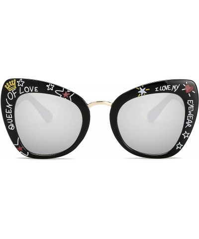 Round Retro Vintage Cateye Sunglasses for Women Plastic Frame Sun glasses - Black-silver - C218U658KWZ $13.60