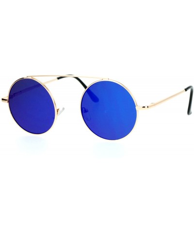 Round Top Bar Bridge Round Circle Frame Sunglasses Unisex Hipster Flat Mirror Lens - Gold (Blue Mirror) - CH187GMSDA2 $9.52