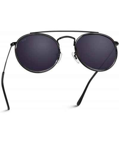 Oval Round Double Bridge Polarized Modern Retro Sunglasses - Black Frame / Black Lens - CJ18Y5C00MK $56.23