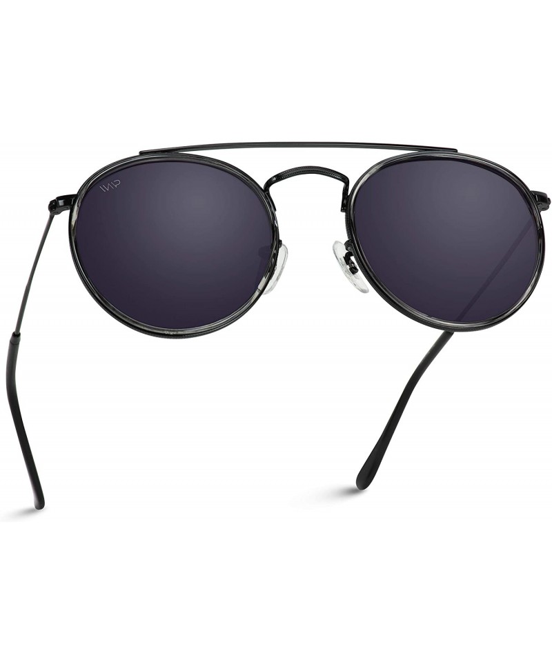Oval Round Double Bridge Polarized Modern Retro Sunglasses - Black Frame / Black Lens - CJ18Y5C00MK $46.65