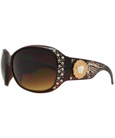 Rectangular Western Cowgirl Bling Sunglasses Rhinestone Ladies Womens Shades + Case Jp - Brown Gold Concho - CK18DSD9EDS $39.03