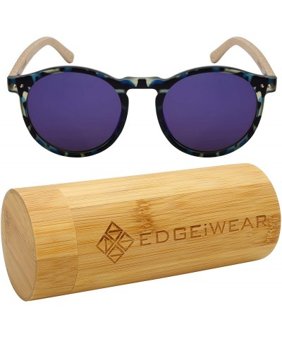 Round Round Horn Rimed Bamboo Sunglasses Wood Women Mirrored Lens 541006BM-FLREV - C318HEX5SU5 $19.93