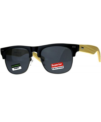 Rectangular Mens Bamboo Wood Arm Half Rim Hipster Sunglasses - Shiny Black - CJ180ULQTU3 $10.95