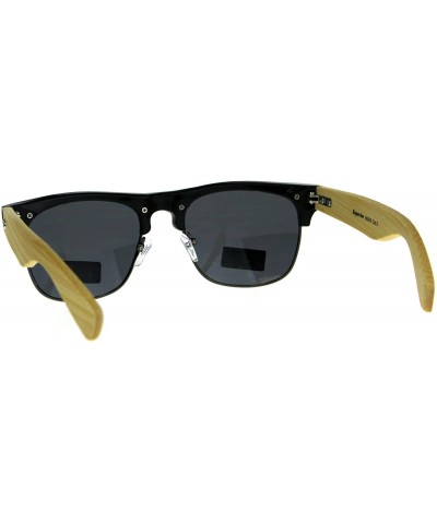 Rectangular Mens Bamboo Wood Arm Half Rim Hipster Sunglasses - Shiny Black - CJ180ULQTU3 $10.95