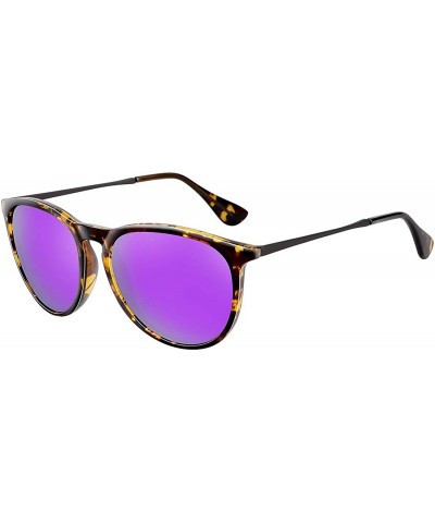 Wayfarer Polarized Sunglasses for Women Vintage Retro Round Mirrored Lens - Yellow Leopard Frame Purple Lens - CN19COH5RDR $1...