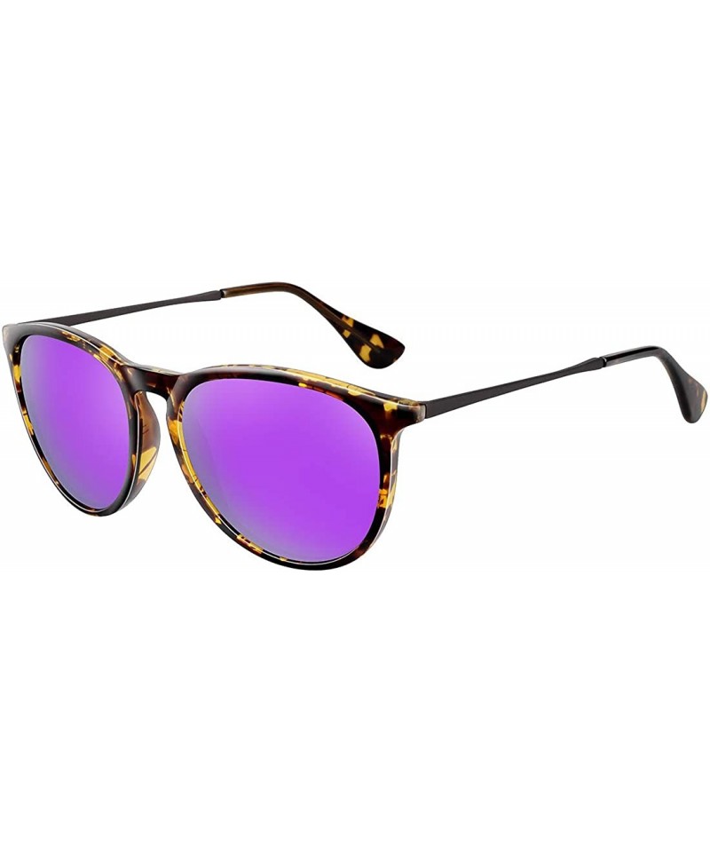 Wayfarer Polarized Sunglasses for Women Vintage Retro Round Mirrored Lens - Yellow Leopard Frame Purple Lens - CN19COH5RDR $1...