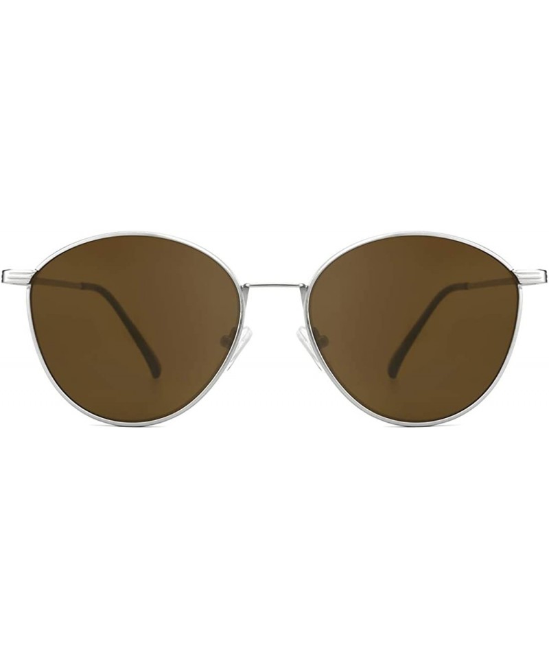 Round Small Round Sunglasses for Women Men Trendy Style Retro Metal Frame UV400 - Saddlebrown-silver - CW18RS4STR2 $14.11