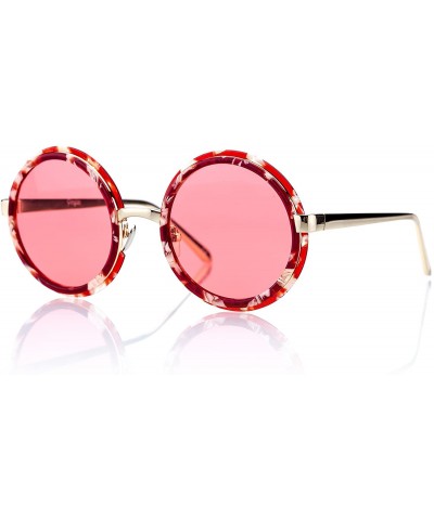 Round Retro Round Sunglasses For Women - Steampunk Acetate Frame Oversized Coating Lens - UV400 - Red Lens - CM182GTLUQL $20.29