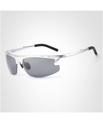 Square Retro Sunglasses Black Polarized Sunglasses for Men - Silver Frame Grey Lens - CH188CWXXTL $41.57