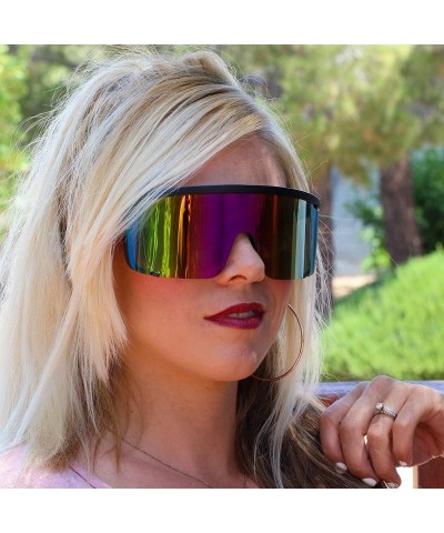 Aviator Unisex Oversized Super Shield Mirrored Lens Sunglasses Retro Flat Top Matte Black Frame - Purple Rainbow - CR18Q5LZYD...