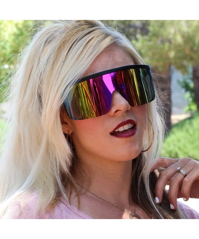 Aviator Unisex Oversized Super Shield Mirrored Lens Sunglasses Retro Flat Top Matte Black Frame - Purple Rainbow - CR18Q5LZYD...