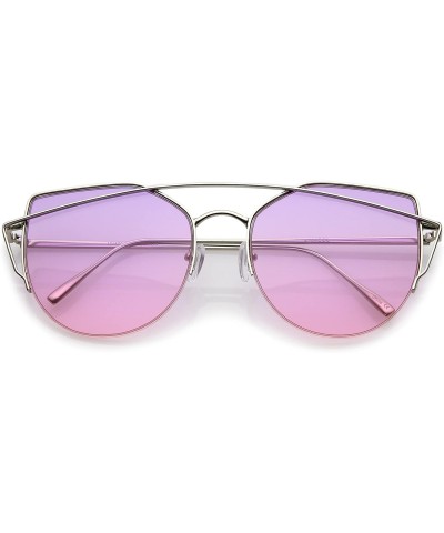 Cat Eye Women's Semi Rimless Metal Brow Bar Round Colored Flat Lens Cat Eye Sunglasses - Silver / Purple-pink - CU1827DUDZY $...