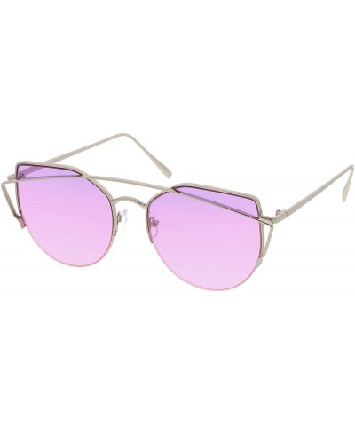 Cat Eye Women's Semi Rimless Metal Brow Bar Round Colored Flat Lens Cat Eye Sunglasses - Silver / Purple-pink - CU1827DUDZY $...