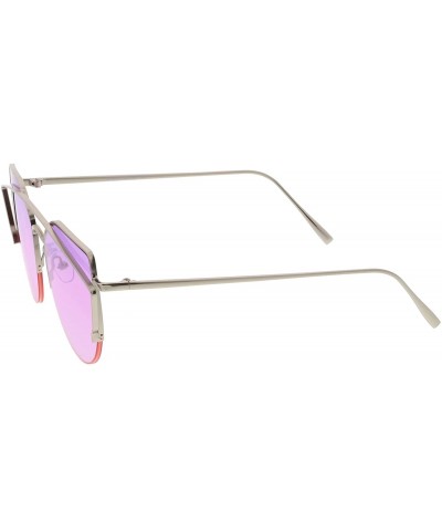 Cat Eye Women's Semi Rimless Metal Brow Bar Round Colored Flat Lens Cat Eye Sunglasses - Silver / Purple-pink - CU1827DUDZY $...