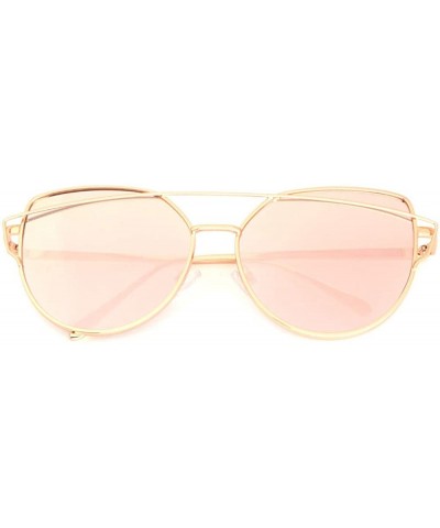 Cat Eye Pink Flat Lens Color Mirror Crossed Curved Top Bar Cat Eye Sunglasses - Gold - CT19080Y0HX $16.16