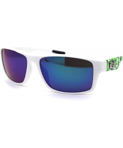 Square Locs Marijuana Pot Leaf Print Rectangle Sport Horn Rim Sunglasses - Matte White Teal Mirror - CE1966SN6O2 $13.46