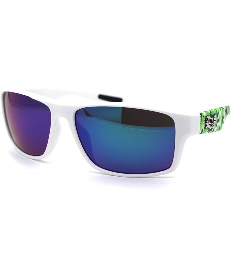 Square Locs Marijuana Pot Leaf Print Rectangle Sport Horn Rim Sunglasses - Matte White Teal Mirror - CE1966SN6O2 $25.98