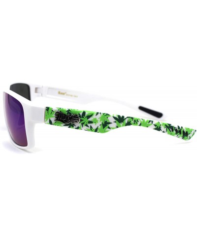 Square Locs Marijuana Pot Leaf Print Rectangle Sport Horn Rim Sunglasses - Matte White Teal Mirror - CE1966SN6O2 $13.46