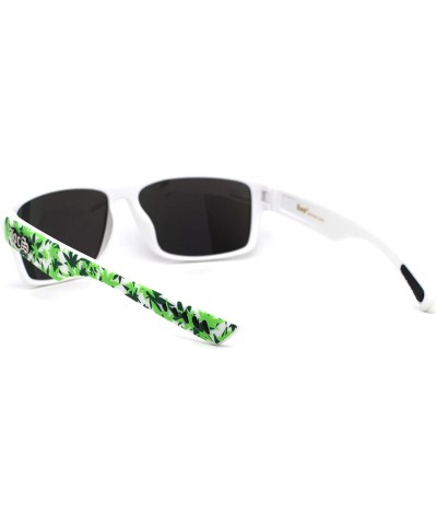 Square Locs Marijuana Pot Leaf Print Rectangle Sport Horn Rim Sunglasses - Matte White Teal Mirror - CE1966SN6O2 $25.98