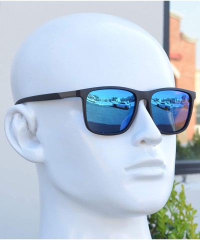 Sport Mens Polarized Sports Rectangular Sunglasses UV Protection Anti Glare - Matte Black + Blue Mirror - CY195D2N6HI $10.78