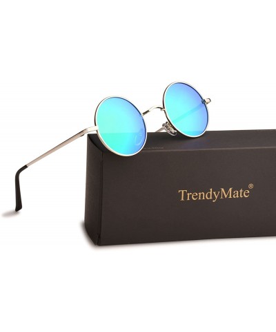 Round John Lennon Retro Round Polarized Hippie Sunglasses Small Circle Steampunk Sun Glasses - Silver Frame/Blue Lens - CC18C...