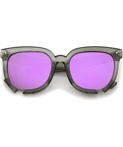 Square Oversize Notch Detail Square Colored Mirror Flat Lens Horn Rimmed Sunglasses 54mm - Smoke / Purple Mirror - C212NZUSOM...